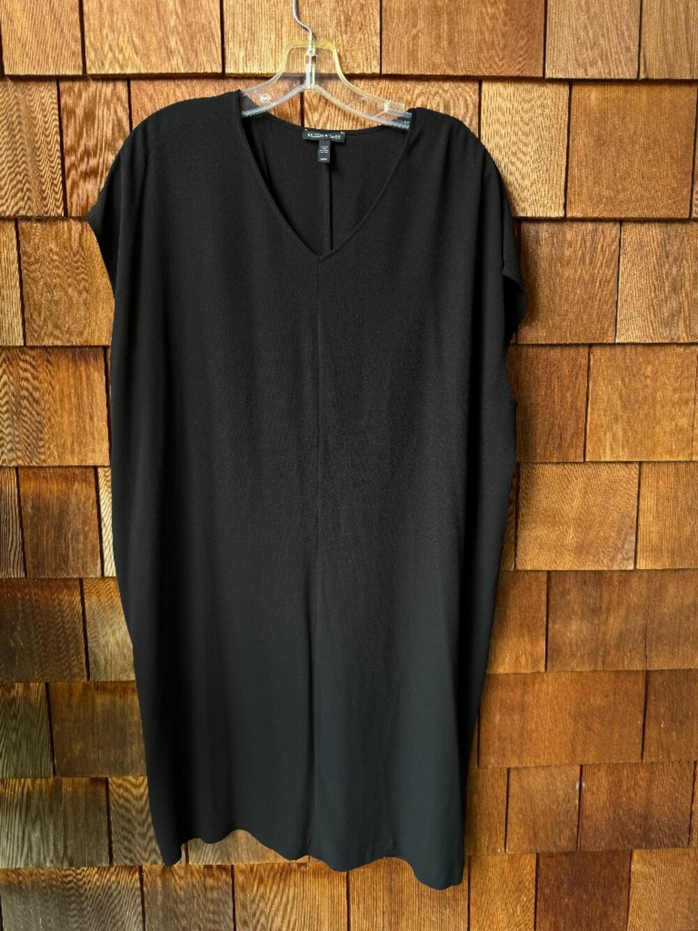 Eileen Fisher Black Silk V-Neck Shift Dress with Back Detail in Women's Medium